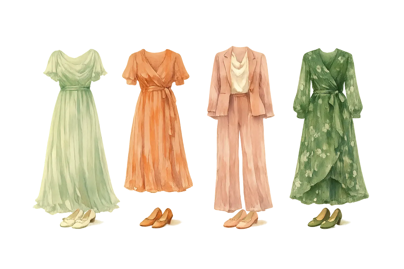 Cuatro ejemplos de vestuario para ellas: vestido largo en salvia, midi en terracota, conjunto de pantalón en rosa empolvado y vestido cruzado en verde