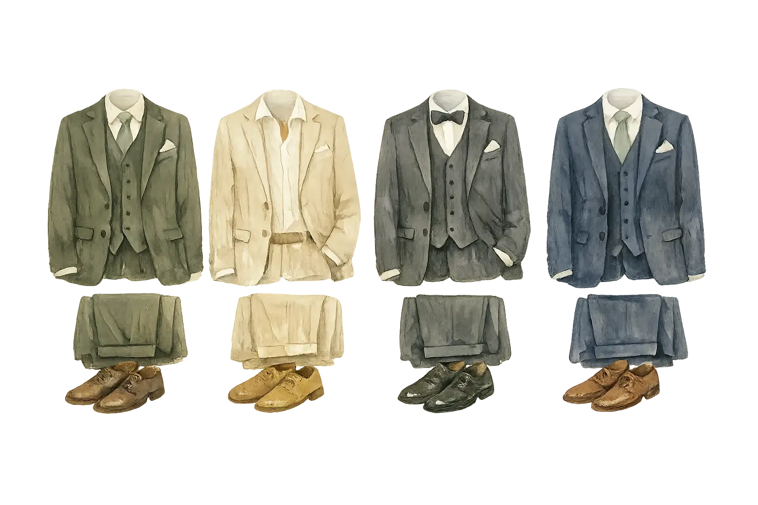Cuatro ejemplos de vestuario para ellos: traje de tres piezas en oliva, lino beige sin corbata, gris con corbatín y azul noche
